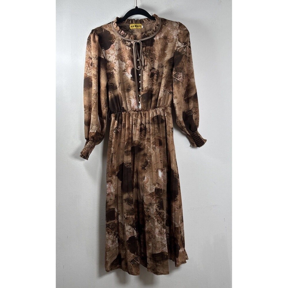 Vintage Inspired Brown Earthy Boho Midi Dress 70s Retro Cottagecore Hawaii M
